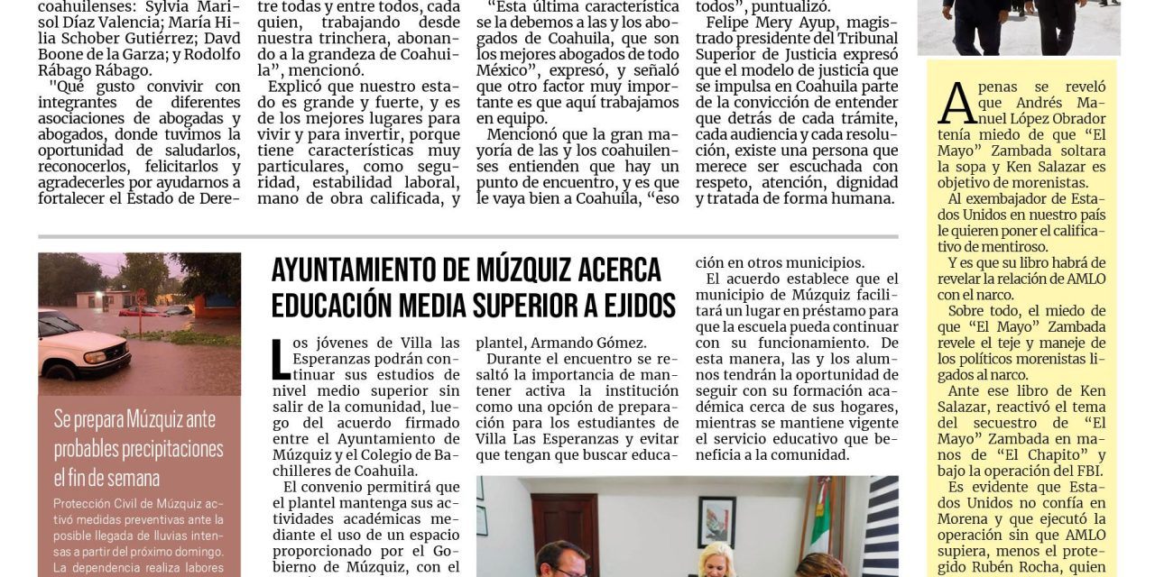 Portada RCG Carbonífera [11 de julio de 2026] ‘En Coahuila tenemos estado de derecho gracias al trabajo de los abogados’; Ayuntamiento de Múzquiz acerca educación media superior a ejidos y más…