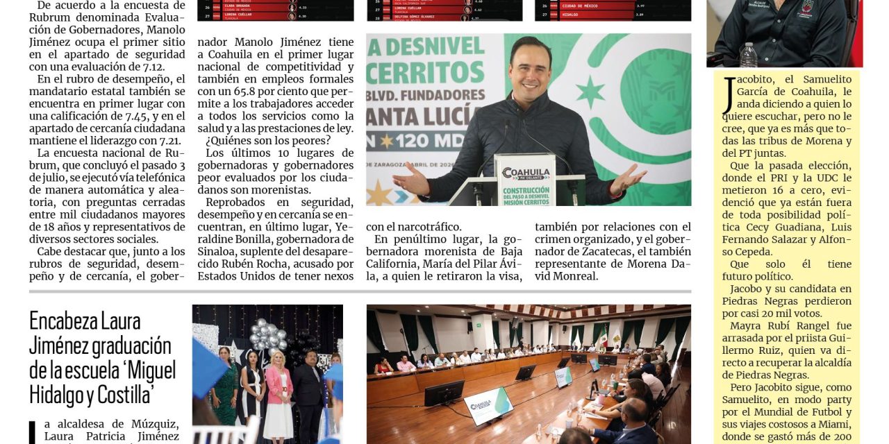 Portada RCG Carbonífera [8 de julio de 2026] Manolo Jiménez, primer lugar en seguridad, desempeño y cercanía; con trabajo y planeación, seguimos alcanzando nuestros objetivos: Manolo Jiménez y más…