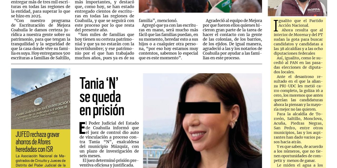 Portada RCG Carbonífera [10 de julio de 2026] Inicia la entrega de miles de escrituras en todas las regiones de Coahuila; Tania ‘N’ se queda en prisión y más…