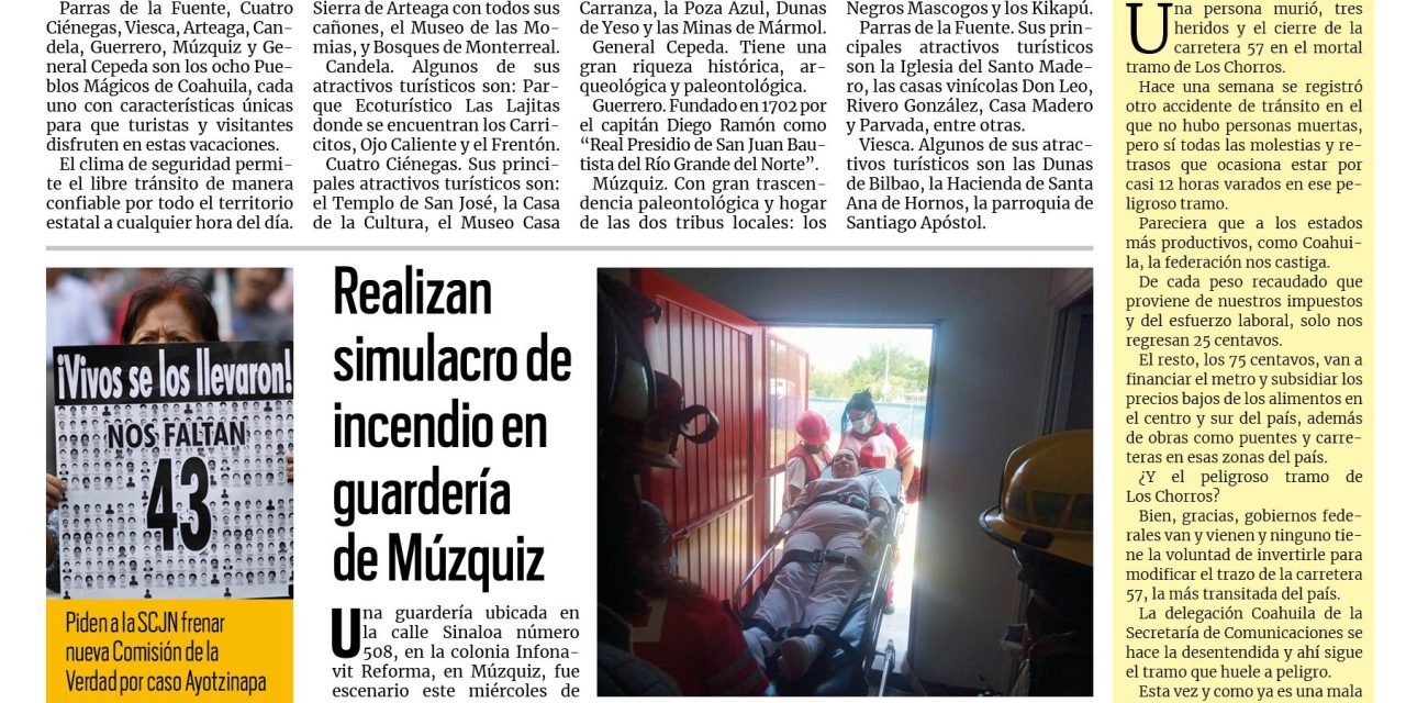 Portada RCG Carbonífera [30 de julio de 2026] Coahuila sorprende con experiencias y sitios únicos; realizan simulacro de incendio en guardería de Múzquiz y más…