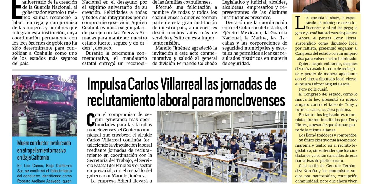 Portada RCG Centro [1 de julio de 2026] En Coahuila celebramos el aniversario de la Guardia Nacional: Manolo Jiménez; impulsa Carlos Villarreal jornadas de reclutamiento laboral para monclovenses y más…