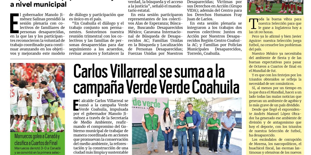 Portada RCG Centro [5 de julio de 2026] ‘Fortalecemos diálogo y atención junto a colectivos de familiares de personas desaparecidas’, afirma Manolo Jiménez; Mantendrá Monclova servicios esenciales durante las vacaciones de verano y más…