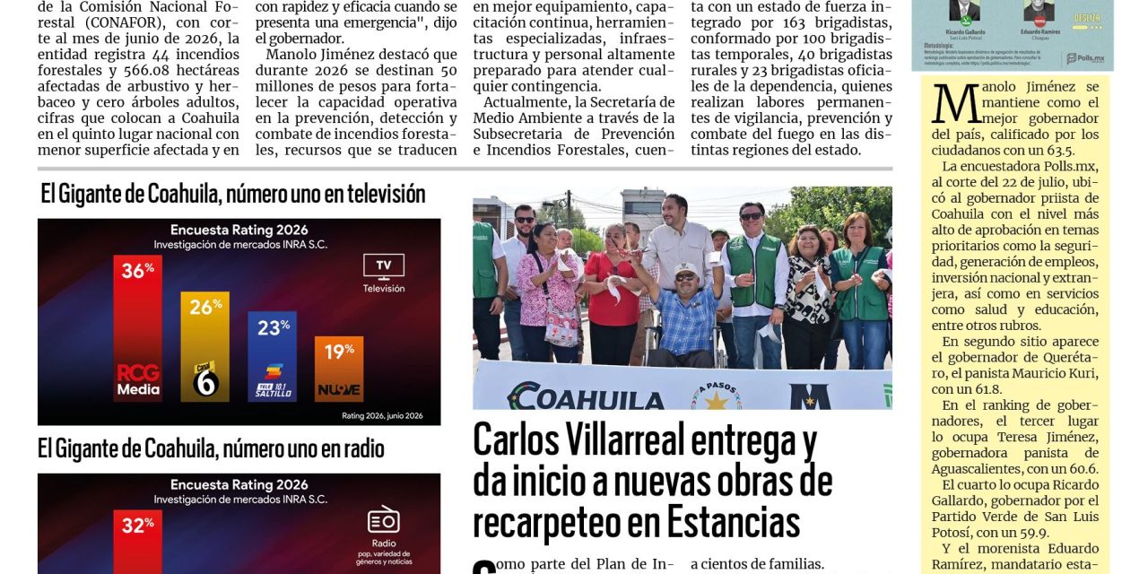 Portada RCG Centro [24 de julio de 2026] Coahuila se mantiene con pocas afectaciones por incendios forestales; Carlos Villarreal entrega y da inicio a nuevas obras de recarpeteo en Estancias y más…