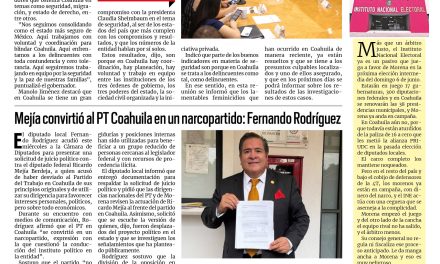 Portada RCG Lagunera [16 de julio de 2026] En Coahuila se enfrenta a la delincuencia con contundencia; Mejía convirtió al PT Coahuila en un narcopartido: Fernando Rodríguez y más…