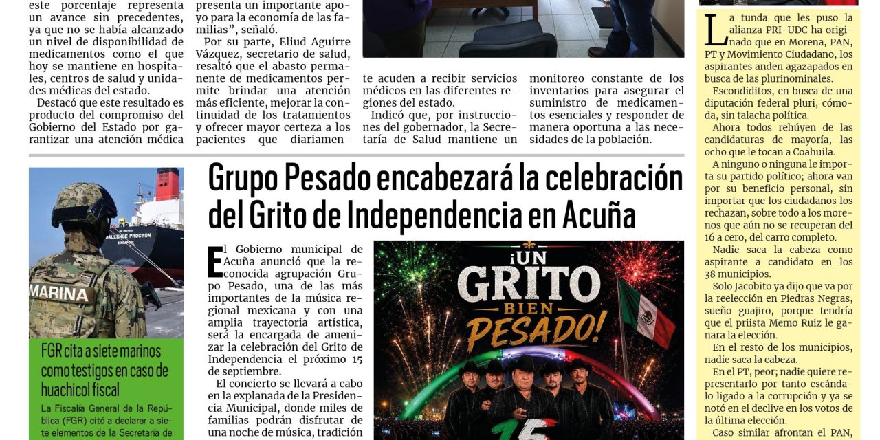 Portada RCG Fronteriza [31 de julio de 2026] Mantiene Coahuila abasto histórico de medicamentos; Grupo Pesado encabezará la celebración del Grito de Independencia y más…