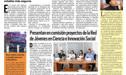 Portada RCG Lagunera [1 de julio de 2026] En Coahuila celebramos el aniversario de la Guardia Nacional: Manolo Jiménez; presentan en comisión proyectos de la Red de Jóvenes en Ciencia e Innovación Social y más…