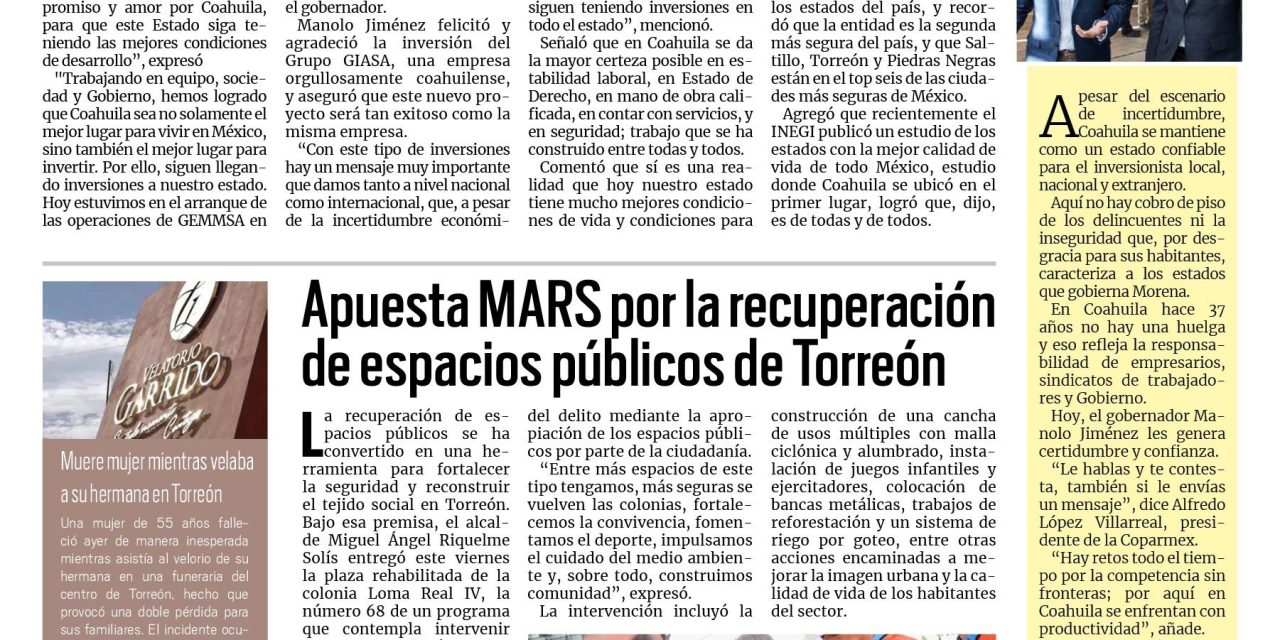 Portada RCG Lagunera [18 de julio de 2026] ‘Coahuila tiene las mejores condiciones para invertir en todo México’; apuesta MARS por la recuperación de espacios públicos de Torreón y más…