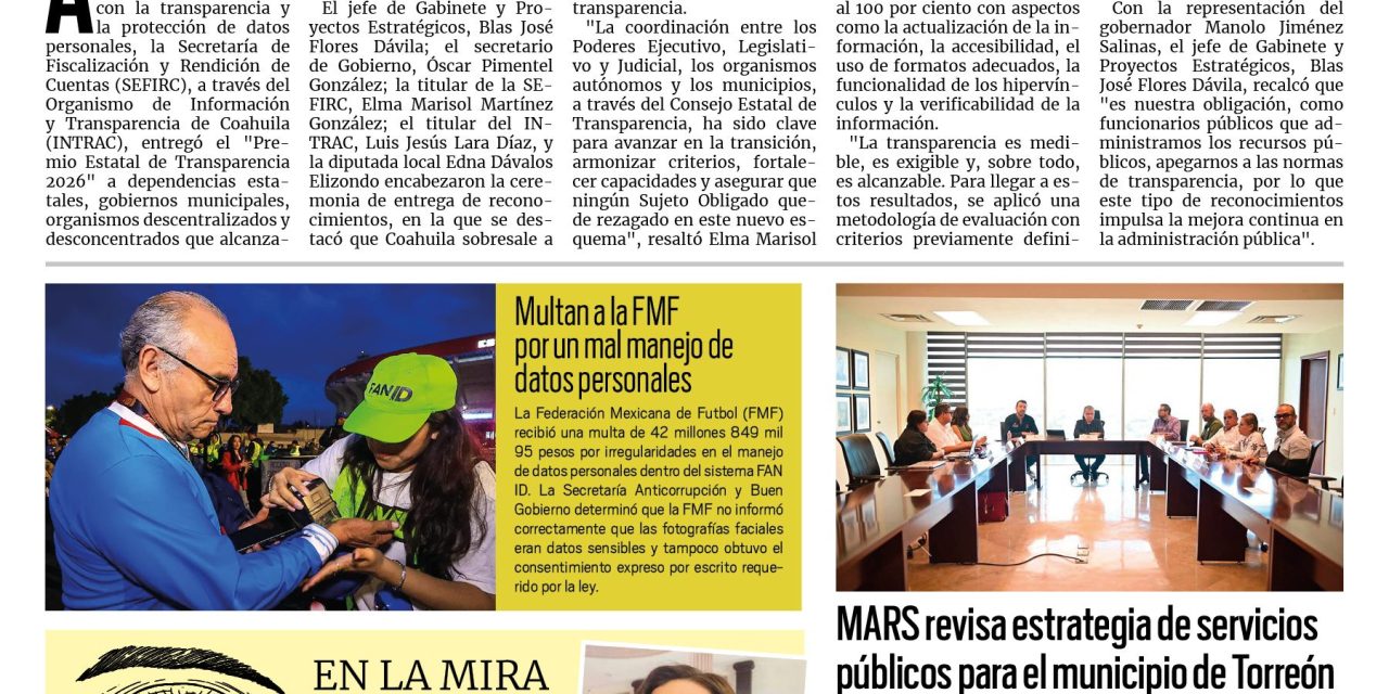 Portada RCG Lagunera [13 de julio de 2026] Coahuila refuerza su compromiso con la transparencia; MARS revisa estrategia de servicios públicos para Torreón y más…