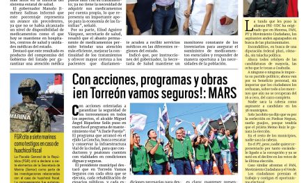 Portada RCG Lagunera [31 de julio de 2026] Mantiene Coahuila abasto histórico de medicamentos; con acciones, programas y obras ¡en Torreón vamos seguros!: MARS y más…