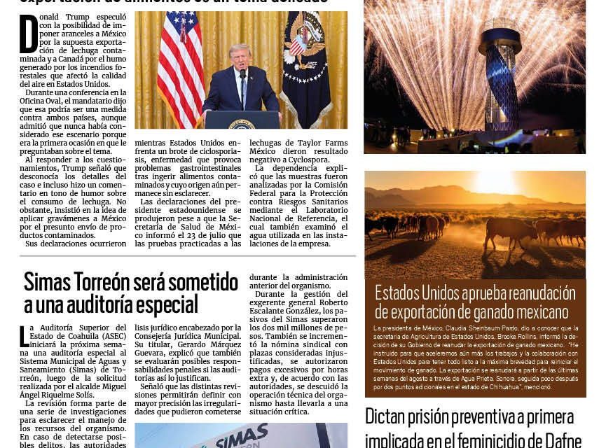 Portada RCG Nacional e Internacional [25 de julio de 2026] Amaga Trump con aranceles a México por lechugas contaminadas; Simas Torreón será sometido a una auditoría especial y más…