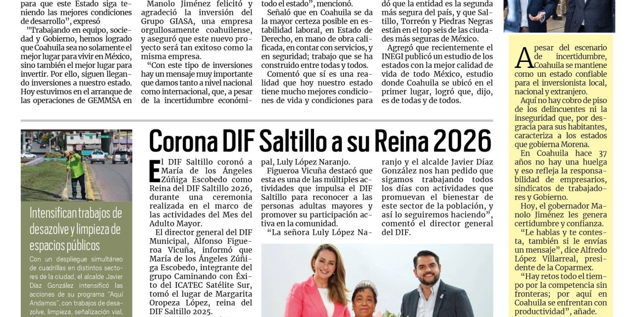 Portada RCG Media [18 de julio de 2026] ‘Coahuila tiene las mejores condiciones para invertir en todo México’; corona DIF Saltillo a su Reina 2026 y más…