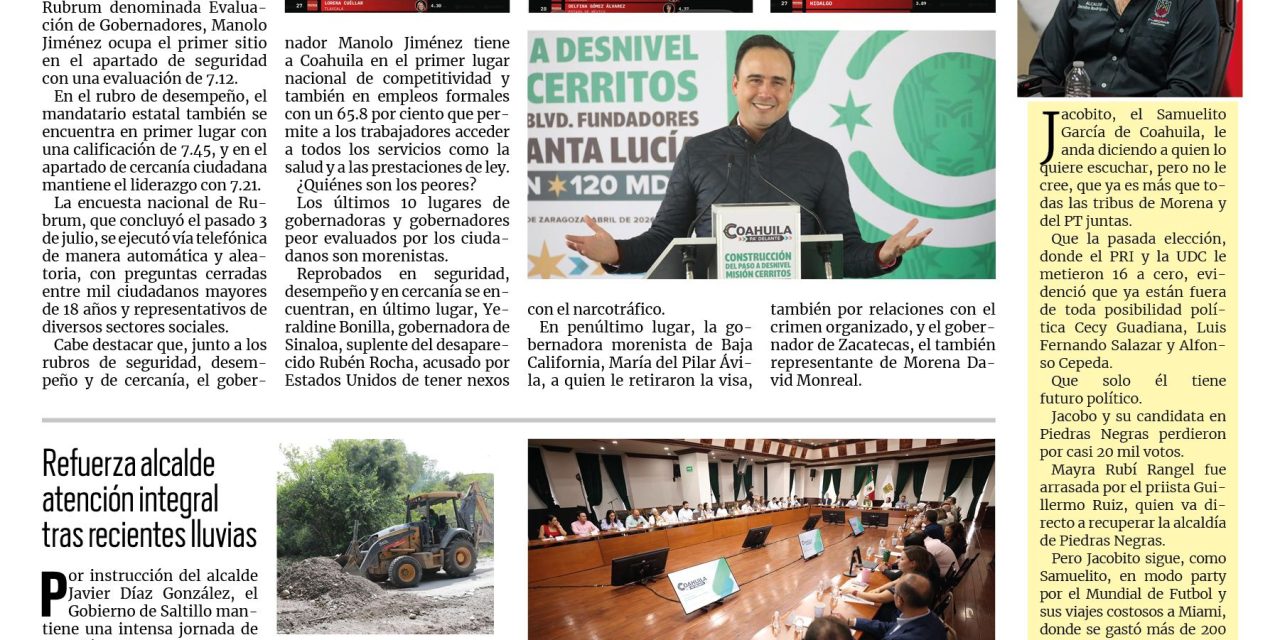Portada RCG Media [8 de julio de 2026] Manolo Jiménez, primer lugar en seguridad, desempeño y cercanía; con trabajo y planeación, seguimos alcanzando nuestros objetivos: Manolo Jiménez y más…