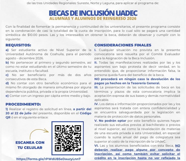 UAdeC lanza convocatoria para las Becas de Inclusión