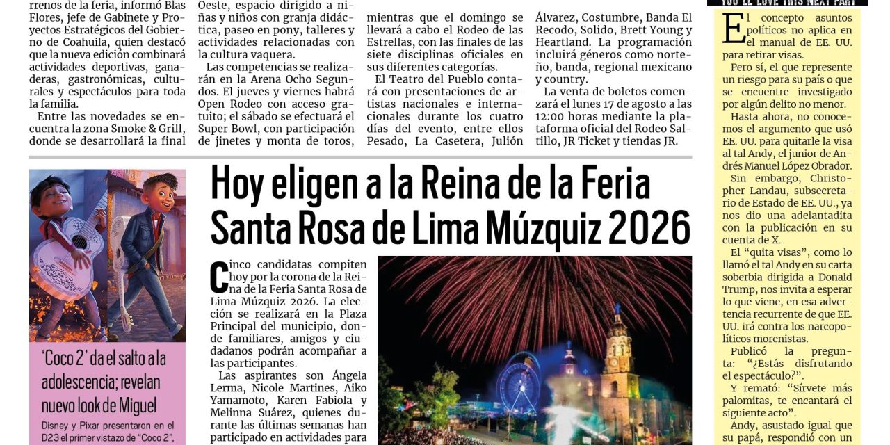 Portada RCG Carbonífera [16 de agosto de 2026] Tradición, cultura y grandes eventos llegan a su nueva casa, Expo Coahuila; Hoteles de la región, casi llenos por Fiestas Grandes de Sabinas y más…