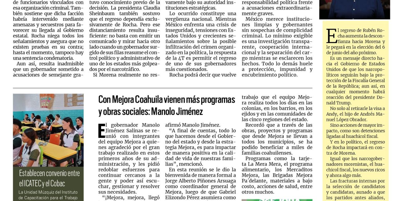 Portada RCG Carbonífera [22 de agosto de 2026] Regresó el narcogobernador de Morena; con Mejora Coahuila vienen más programas y obras sociales: Manolo Jiménez y más…