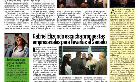 Portada RCG Carbonífera [28 de agosto de 2026] Entrega Manolo Jiménez el Premio Estatal de la Juventud; Gabriel Elizondo escucha propuestas empresariales para llevarlas al Senado y más…