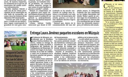 Portada RCG Carbonífera [29 de agosto de 2026] Corona Manolo Jiménez a la reina de los Adultos Mayores de Coahuila; entrega Laura Jiménez paquetes escolares en Múzquiz y más…