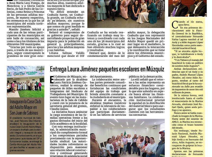 Portada RCG Carbonífera [29 de agosto de 2026] Corona Manolo Jiménez a la reina de los Adultos Mayores de Coahuila; entrega Laura Jiménez paquetes escolares en Múzquiz y más…