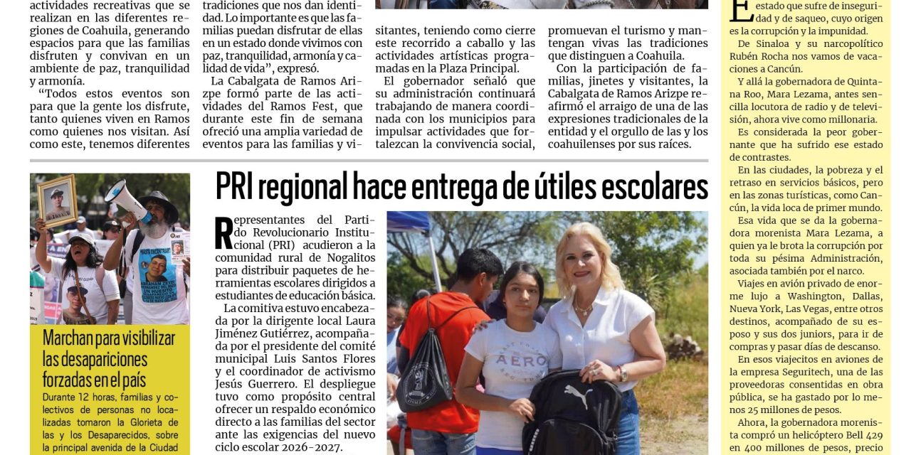 Portada RCG Carbonífera [31 de agosto de 2026] Coahuila vive sus tradiciones en familia y con seguridad: Manolo Jiménez; PRI regional hace entrega de útiles escolares y más…