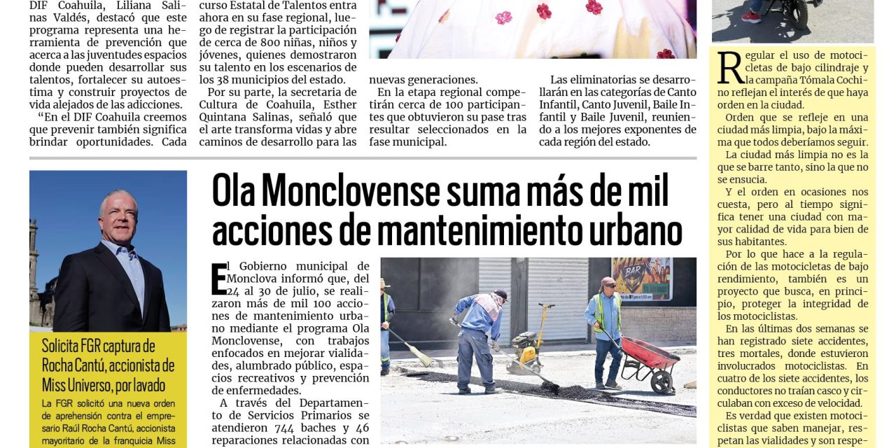 Portada RCG Centro [2 de agosto de 2026] Programa Vive Libre Sin Drogas fomenta la participación juvenil; Organizarán primer Mercadito de Regreso a Clases en Frontera y más…