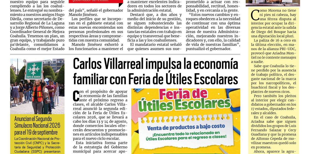 Portada RCG Centro [6 de agosto de 2026] Manolo Jiménez fortalece su gabinete con nuevos nombramientos; Carlos Villarreal impulsa la economía familiar con Feria de Útiles Escolares y más…