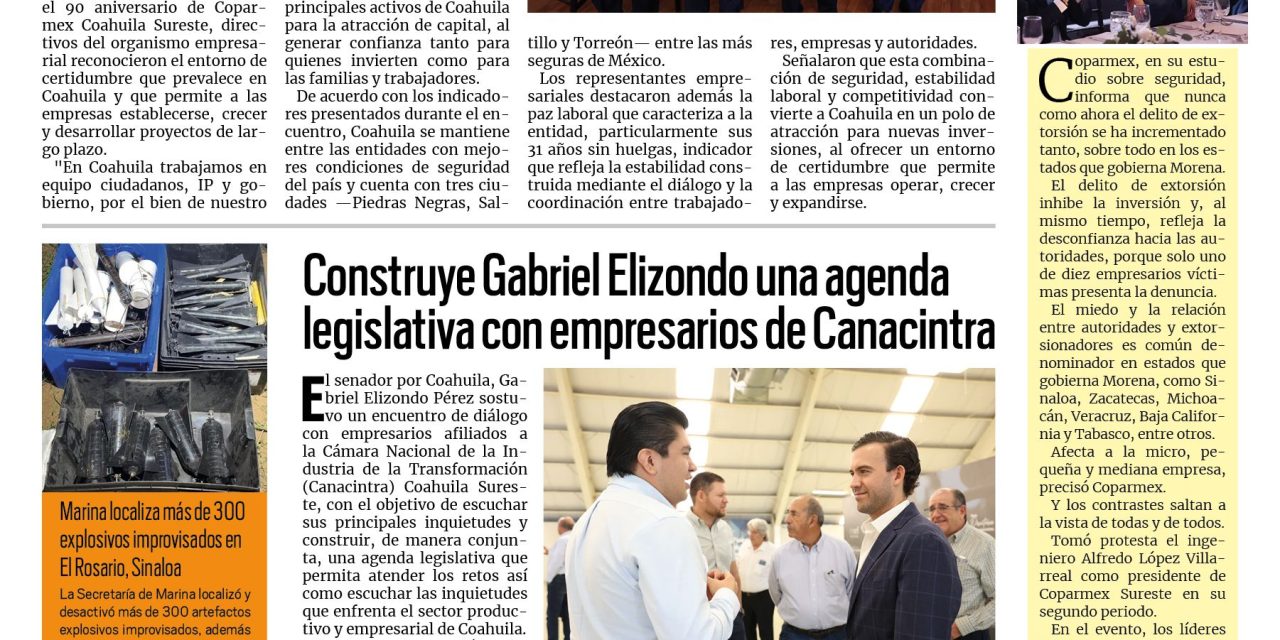 Portada RCG Centro [19 de agosto de 2026] Destaca Coparmex Nacional a Coahuila por su seguridad y paz laboral; construye Gabriel Elizondo agenda legislativa con empresarios de Canacintra y más…