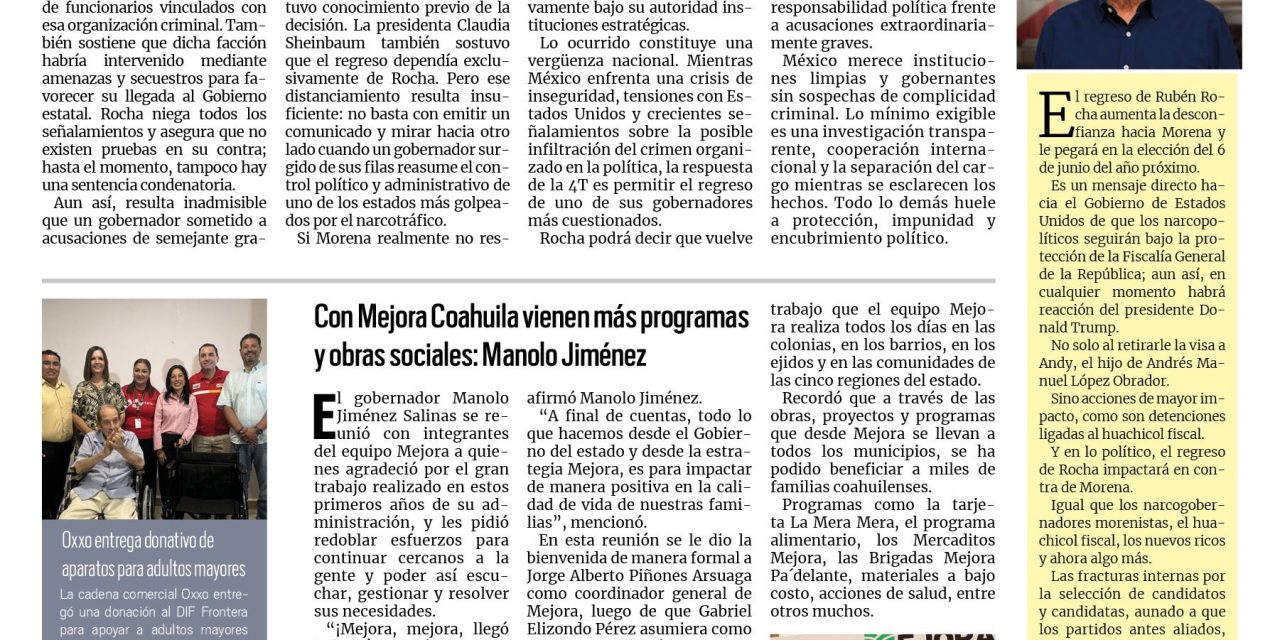 Portada RCG Centro [22 de agosto de 2026] Regresó el narcogobernador de Morena; con Mejora Coahuila vienen más programas y obras sociales: Manolo Jiménez y más…