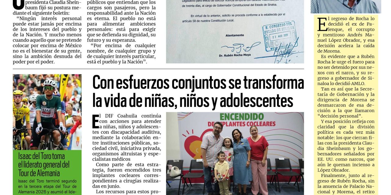 Portada RCG Centro [23 de agosto de 2026] Presidenta Sheinbaum se desmarca de Rubén Rocha; Analizan proyecto de gas para la región y más…