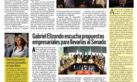 Portada RCG Centro [28 de agosto de 2026] Entrega Manolo Jiménez el Premio Estatal de la Juventud; Gabriel Elizondo escucha propuestas empresariales para llevarlas al Senado y más…