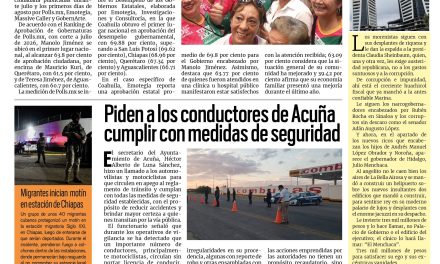 Portada RCG Fronteriza [3 de agosto de 2026] Encabeza Manolo Jiménez el ranking de gobernadores con mejor desempeño; piden a conductores de Acuña cumplir con medidas de seguridad y más…