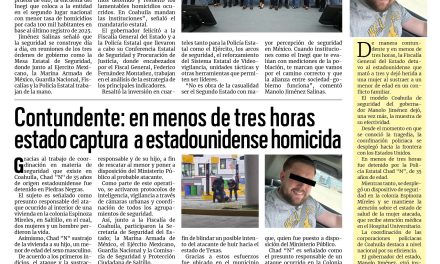 Portada RCG Lagunera [5 de agosto de 2026] Coahuila es líder en seguridad y procuración de justicia; contundente: en menos de tres horas estado captura a estadounidense homicida y más…