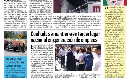 Portada RCG Lagunera [14 de agosto de 2026] EE. UU. le cancela la visa a Andy por huachicol; Coahuila se mantiene en tercer lugar nacional en generación de empleos y más…