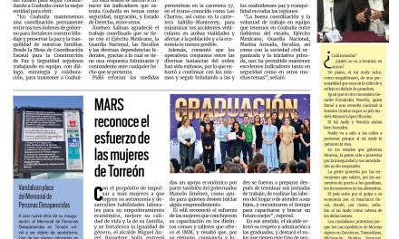 Portada RCG Lagunera [20 de agosto de 2026] Gobernador Manolo Jiménez refuerza la seguridad de Coahuila; MARS reconoce el esfuerzo de las mujeres de Torreón y más…