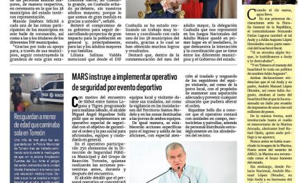 Portada RCG Lagunera [29 de agosto de 2026] Corona Manolo Jiménez a la reina de los Adultos Mayores de Coahuila; MARS instruye a implementar operativo de seguridad por evento deportivo y más…