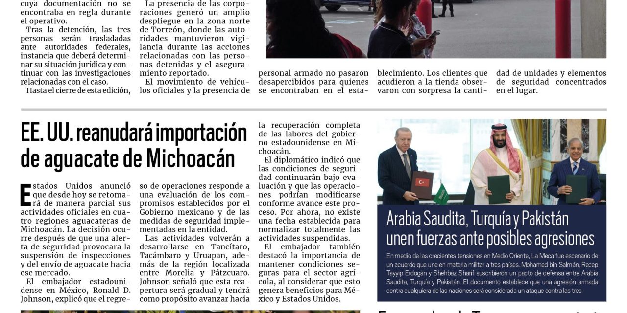 Portada RCG Nacional e Internacional [ 8 de agosto de 2026] Detienen a ‘El Güino’, empresario lagunero, en Torreón; Estados Unidos reanudará importación de aguacate de Michoacán y más…