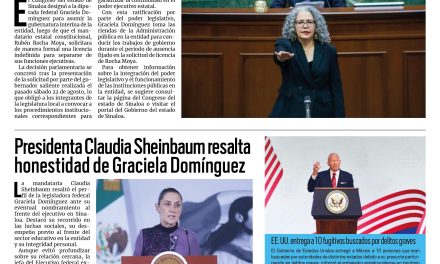 Portada RCG Nacional e Internacional [26 de agosto de 2026] Graciela Domínguez es nombrada gobernadora de Sinaloa; presidenta Claudia Sheinbaum resalta honestidad de Graciela Domínguez y más…