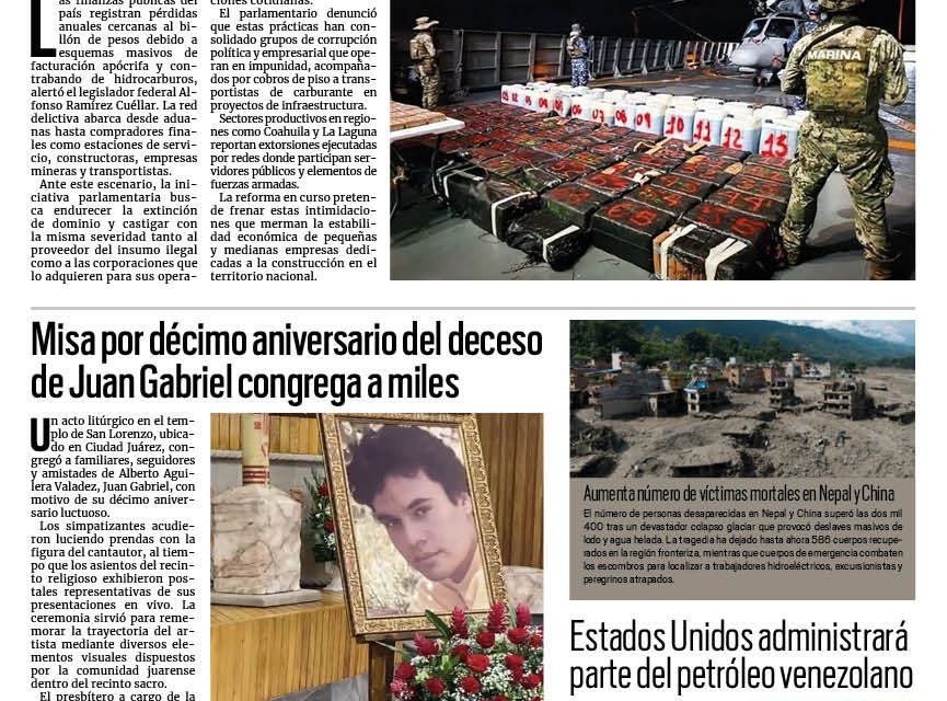 Portada RCG Nacional e Internacional [29 de agosto de 2026] Calculan pérdidas millonarias por huachicol fiscal en México; misa por décimo aniversario del deceso de Juan Gabriel congrega a miles y más…
