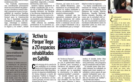 Portada RCG Media [20 de agosto de 2026] Gobernador Manolo Jiménez refuerza la seguridad de Coahuila; ‘Activa tu Parque’ llega a 20 espacios rehabilitados en Saltillo y más…