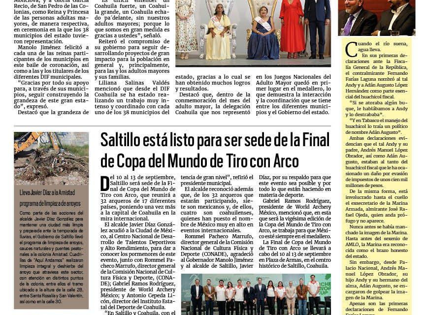 Portada RCG Media [29 de agosto de 2026] Corona Manolo Jiménez a la reina de los Adultos Mayores de Coahuila; Saltillo está listo para ser sede de la Final de Copa del Mundo de Tiro con Arco y más…