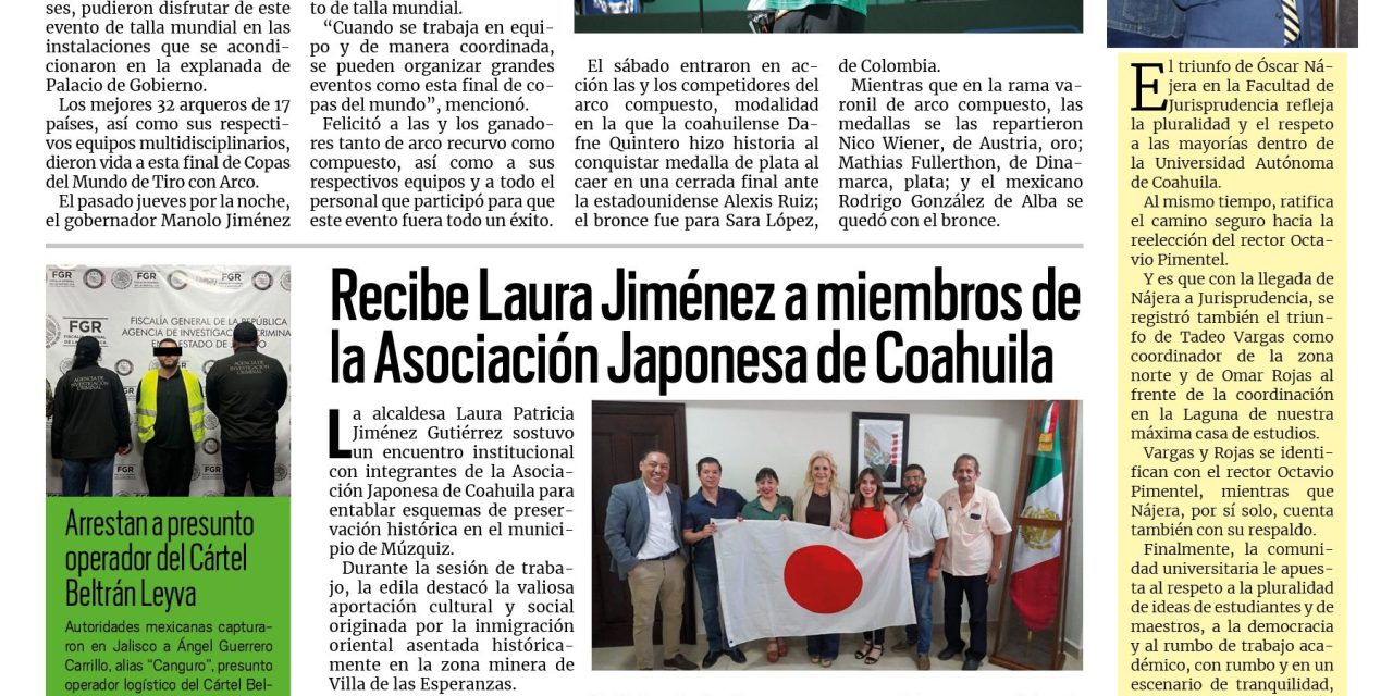 Portada RCG Carbonífera [14 de septiembre de 2026] Todo un éxito la Copa del Mundo de Tiro con Arco en Coahuila; recibe Laura Jiménez a miembros de la Asociación Japonesa de Coahuila  y más…