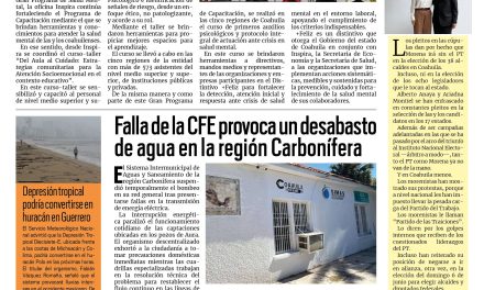 Portada RCG Carbonífera [21 de septiembre de 2026] Fortalece Inspira Coahuila la atención a la salud mental; falla de la CFE provoca desabasto de agua en la región Carbonífera y más…