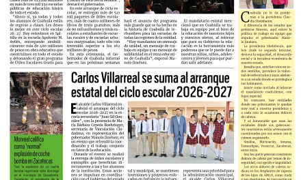 Portada RCG Centro [1 de septiembre de 2026] Arranca Manolo Jiménez el Programa de Útiles Escolares para 500 mil alumnos; Carlos Villarreal se suma al arranque estatal del ciclo escolar 2026-2027 y más…