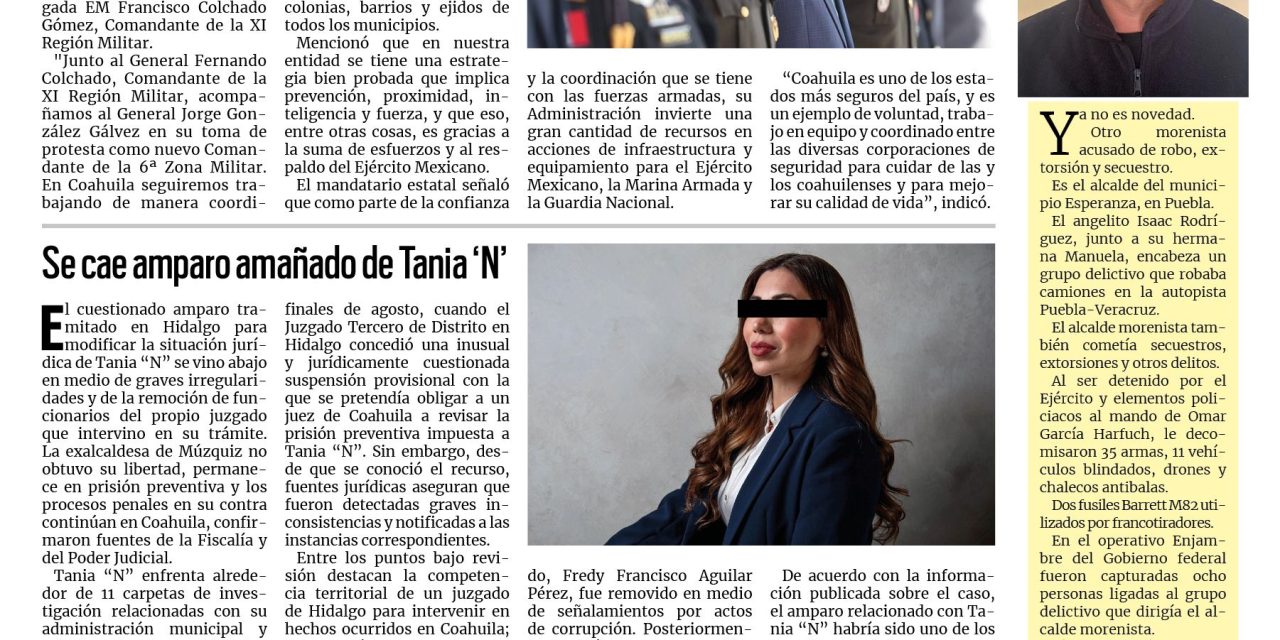 Portada RCG Centro [9 de septiembre de 2026] ‘Junto con el Ejército Mexicano, seguimos blindado a Coahuila’; Se cae amparo amañado de Tania ‘N’ y más…