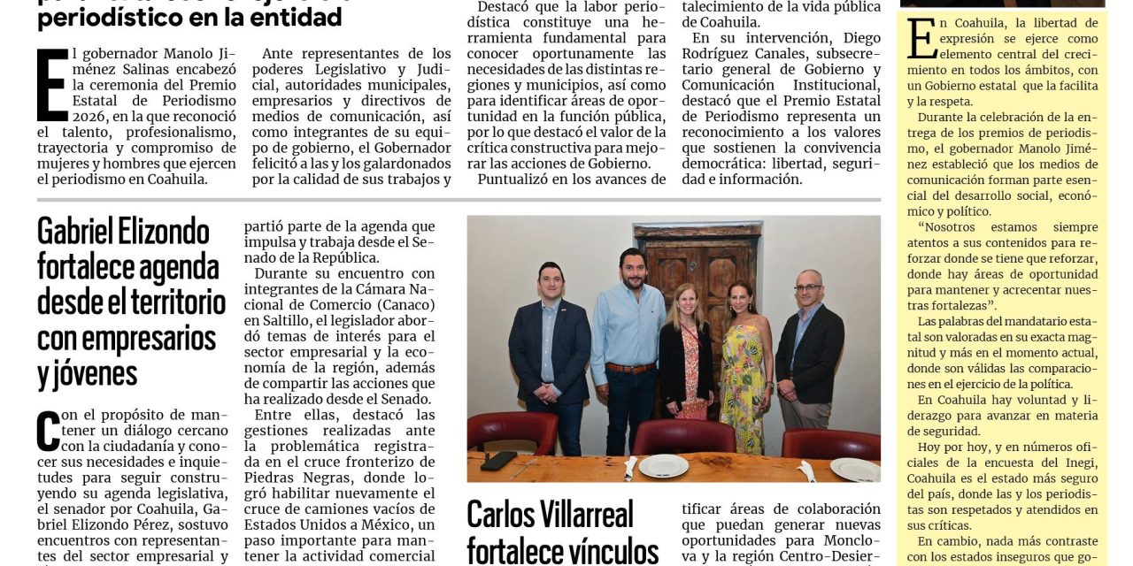 Portada RCG Centro [18 de septiembre de 2026] En Coahuila los periodistas ejercen su profesión con seguridad: Manolo Jiménez; Gabriel Elizondo fortalece agenda desde el territorio con empresarios y jóvenes  y más…
