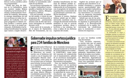 Portada RCG Centro [19 de septiembre de 2026] Detona Manolo Jiménez entrega de escrituras en todas las regiones; gobernador impulsa certeza jurídica para 234 familias de Monclova y más…