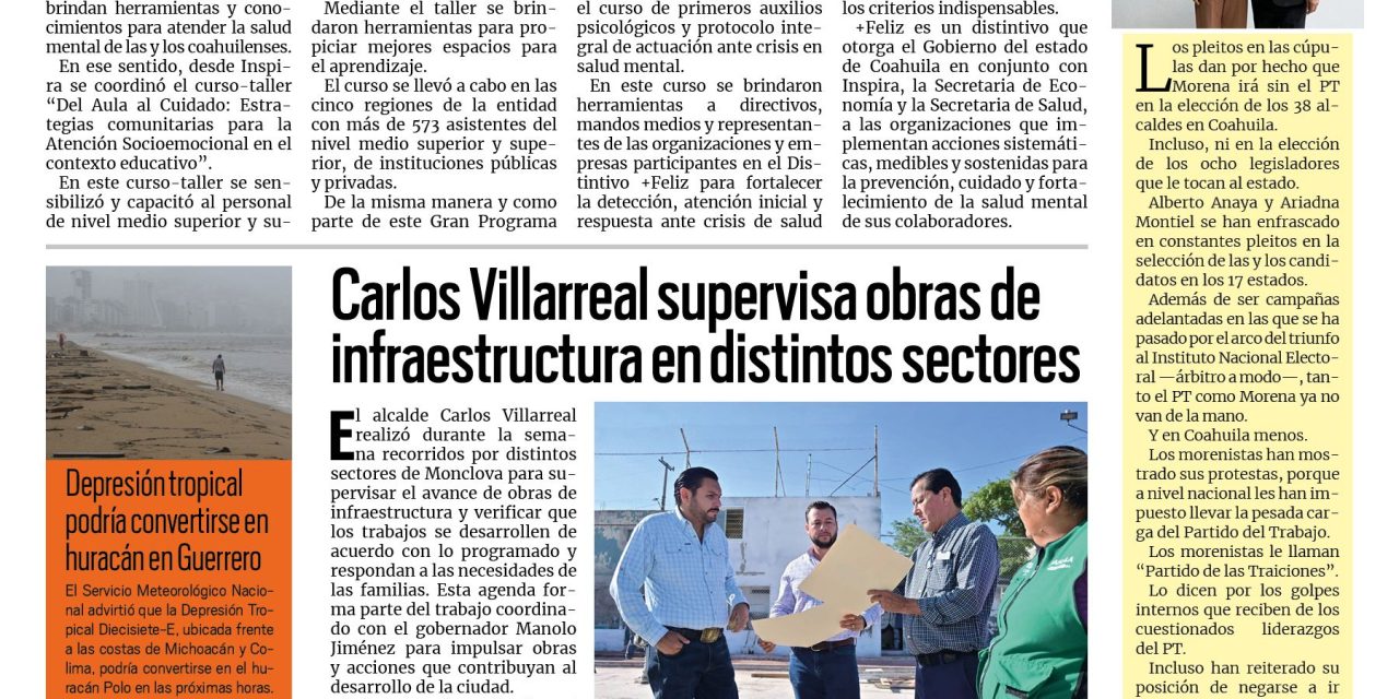 Portada RCG Centro [21 de septiembre de 2026] Fortalece Inspira Coahuila la atención a la salud mental; Carlos Villarreal supervisa obras de infraestructura en distintos sectores y más…