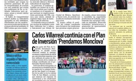 Portada RCG Centro [28 de septiembre de 2026] Coahuila se mantiene en el top 5 de competitividad a nivel nacional; Carlos Villarreal continúa con el Plan de Inversión ‘Prendamos Monclova’ y más…
