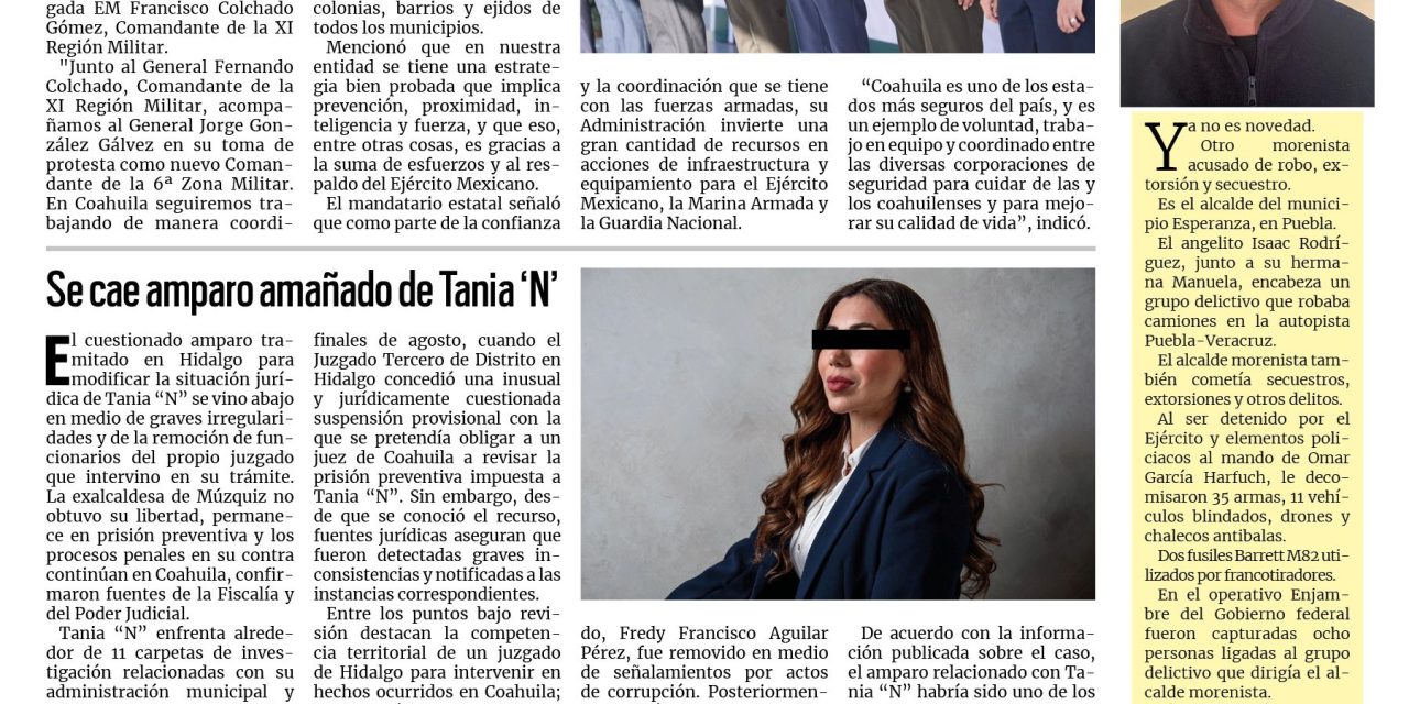 Portada RCG Fronteriza [9 de septiembre de 2026] ‘Junto con el Ejército Mexicano, seguimos blindando a Coahuila’; se cae amparo amañado de Tania ‘N’ y más…