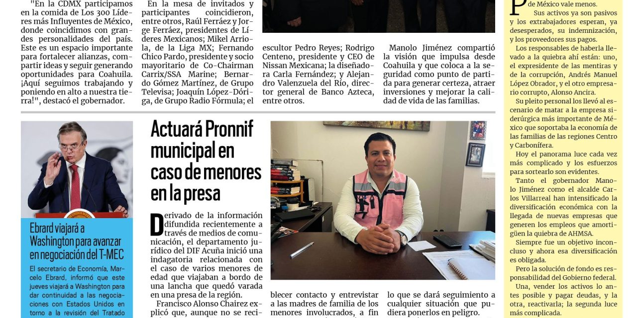 Portada RCG Fronteriza [10 de septiembre de 2026] Manolo Jiménez entre los líderes más influyentes de México; actuará Pronnif municipal en caso de menores en la presa y más…