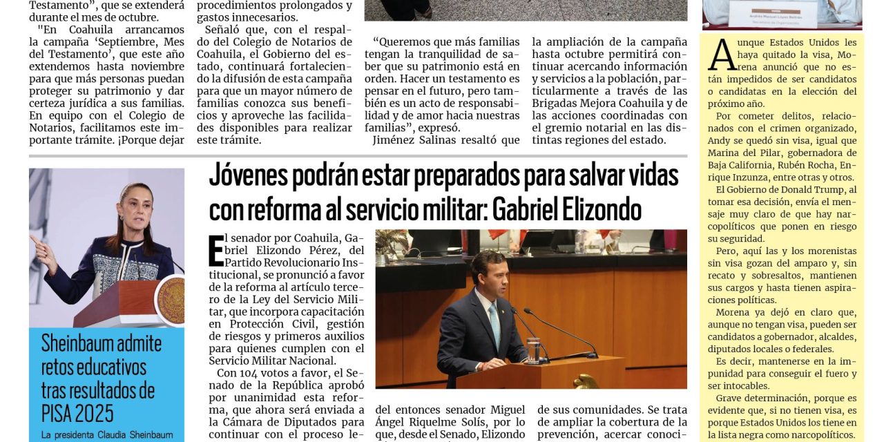 Portada RCG Fronteriza [15 de septiembre de 2026] Fortalecen Manolo Jiménez y notarios el Mes del Testamento; jóvenes podrán estar preparados para salvar vidas con reforma al servicio militar: Gabriel Elizondo y más…